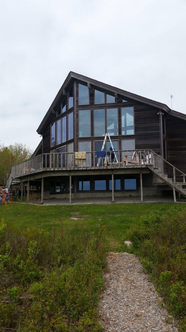 Exterior window cleaning on a large timber-sided home with floor-to-ceiling glass