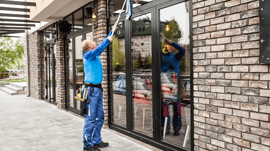 Commercial building exterior windows and storefront cleaned by Sun Services, Inc.